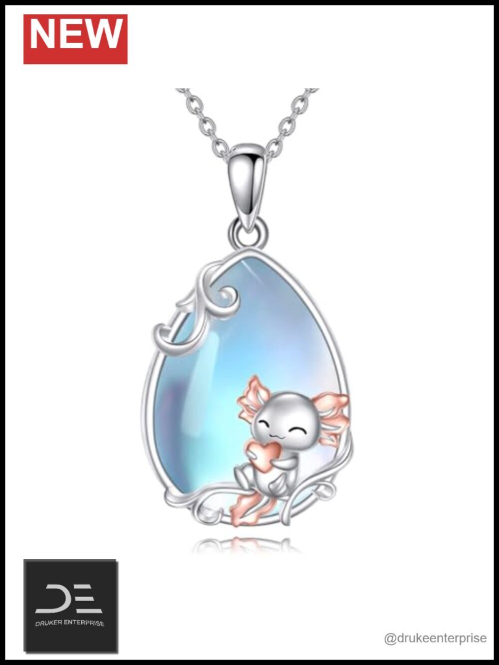 LUHE 925 Sterling Silver Moonstone Axolotl Pendant Necklace Animal Jewelry Gift